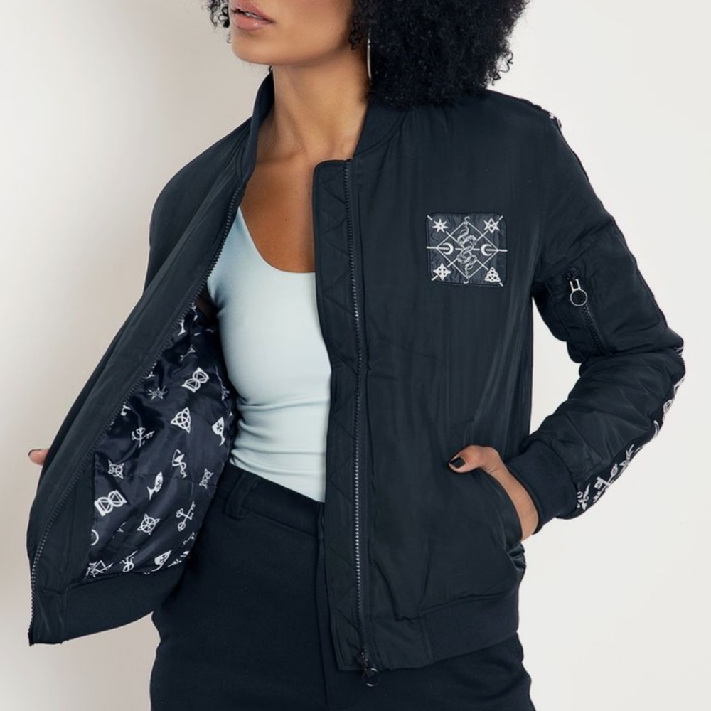 Blackmilk Black Bomber Jacket with White Symbol Lining